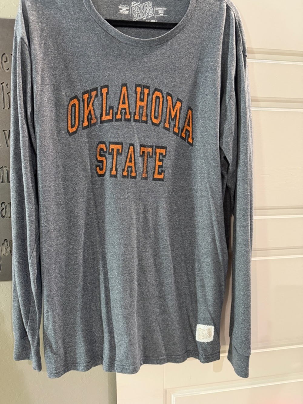 Original Retro Brand Oklahoma State Gray Long Sleeve Tee with Orange Logo